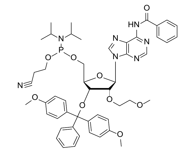 Chemical structure of 3'-O-DMTr-2'-O-MOE-rA(Bz)-5'-CE-Phosphoramidite