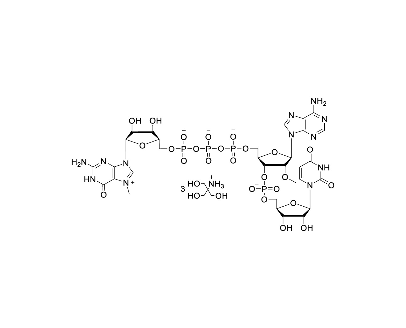 Chemical structure of CAP GAU m7G(5')ppp(5')(2'OMeA)pU Tris Salt
