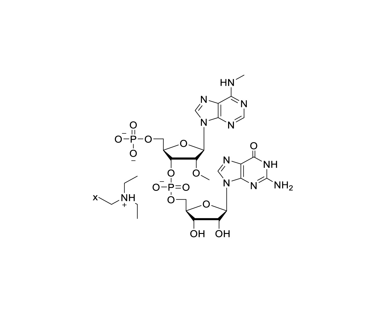 Chemical structure of (2'OMe-5'p-m6A)pG TEA Salt