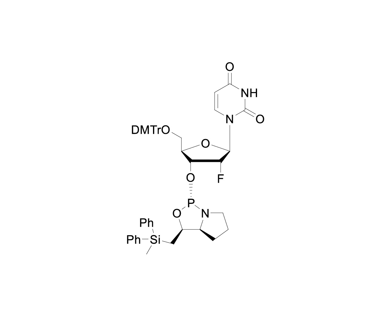 Chemical structure of DMTr-2'-F-dU-3'-(L)-DPSE-Phosphoramidite