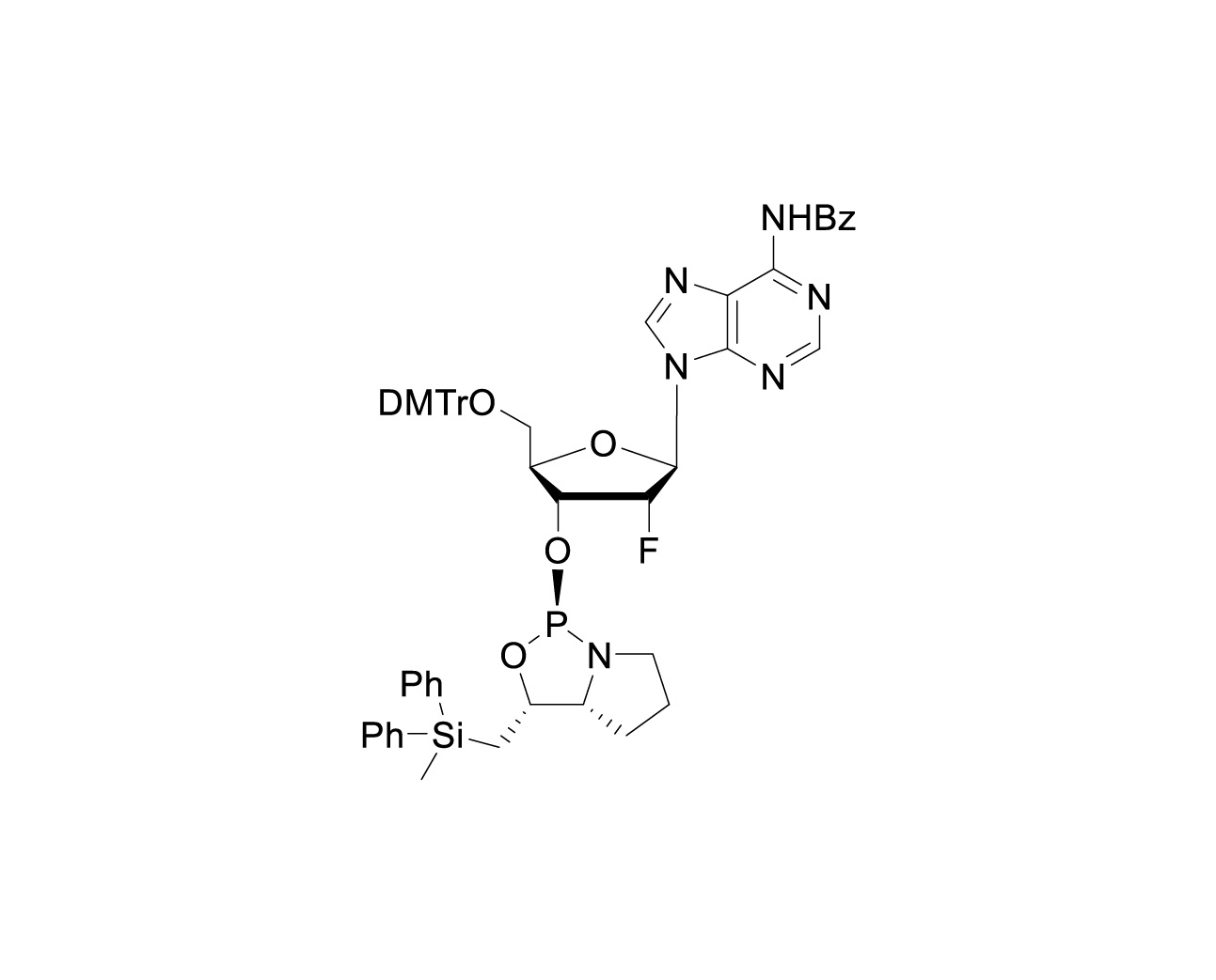 Chemical structure of DMTr-2'-F-dA(Bz)-3'-(D)-DPSE-Phosphoramidite