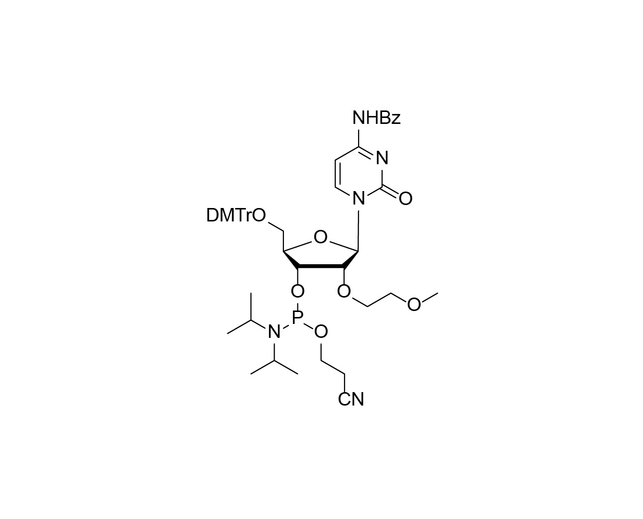 Chemical structure of DMTr-2'-O-MOE-rC(Bz)-3'-CE -Phosphoramidite