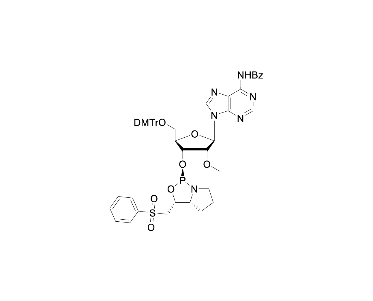 Chemical structure of DMTr-2'-O-Me-rA(Bz)-3'-(D)-PSM-Phosphoramidite
