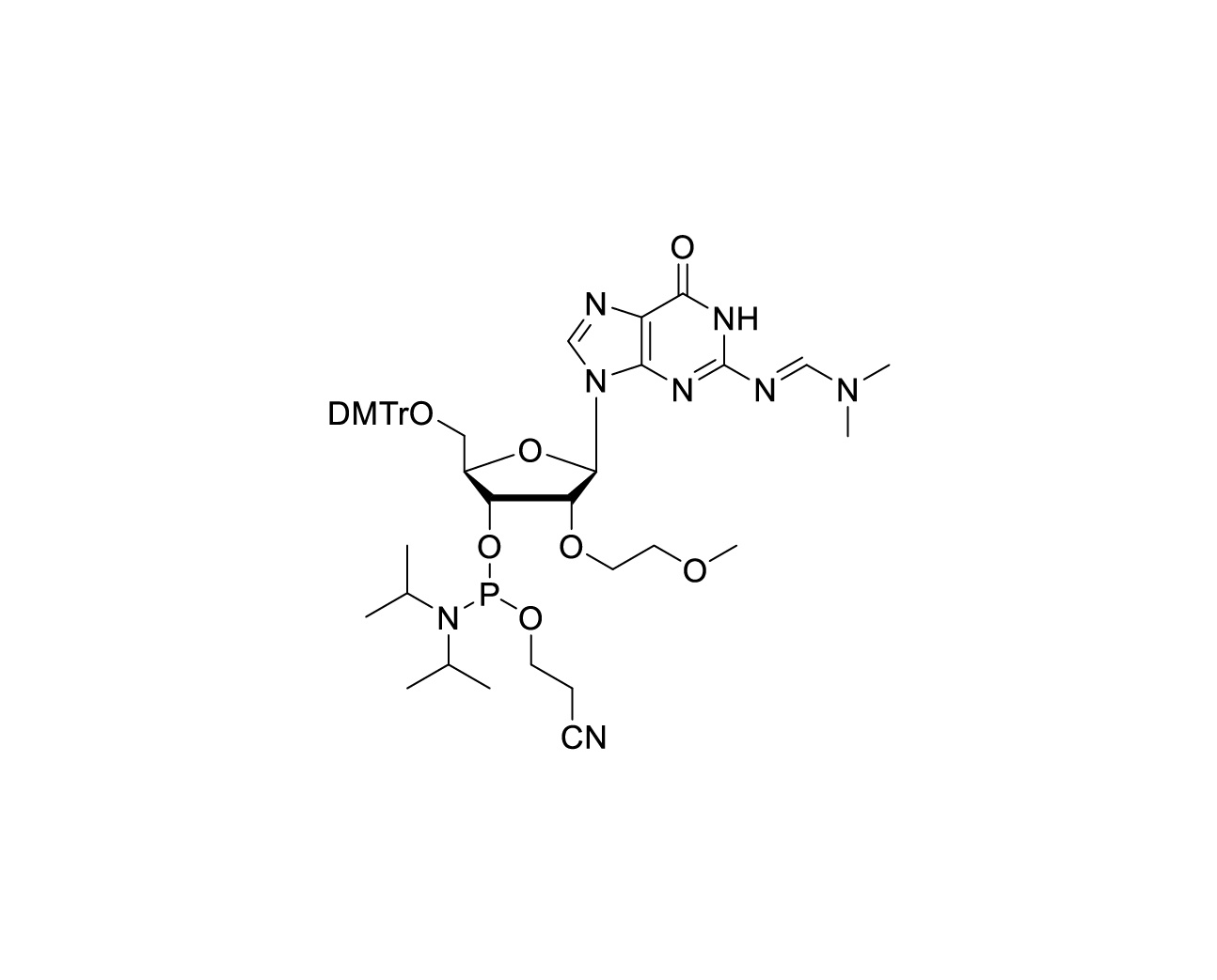 Chemical structure of DMTr-2'-O-MOE-rG(dmf)-3'-CE-Phosphoramidite