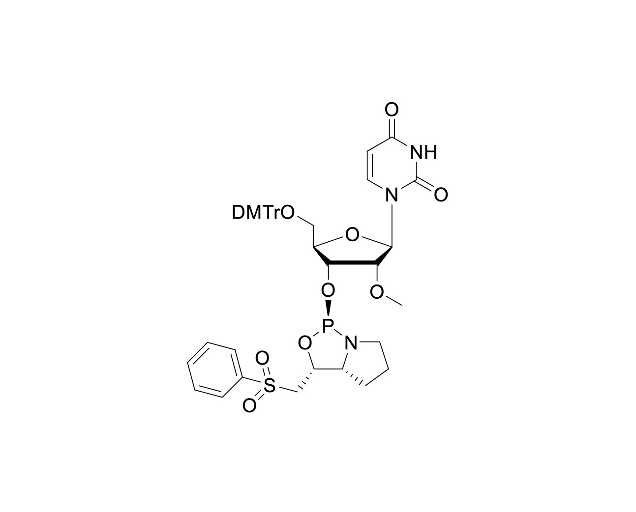 Chemical structure of DMTr-2'-O-Me-rU-3'-(D)-PSM-Phosphoramidite
