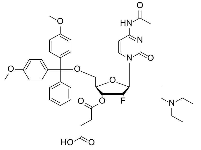 Supplier structure depiction of DMTr-2'-F-dC(Ac)-3'-succinate, TEA salt; acid and triethylamine components shown as in the original source