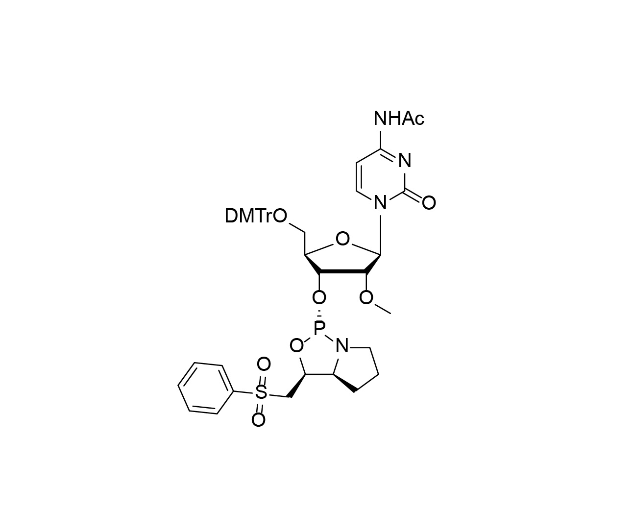 Chemical structure of DMTr-2'-O-Me-rC(Ac)-3'-(L)-PSM-Phosphoramidite
