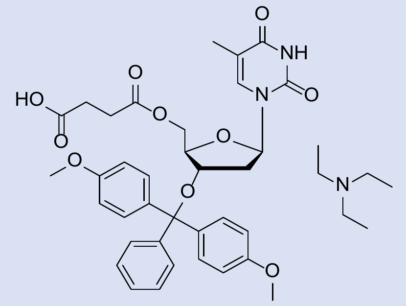 Supplier structure depiction of 3'-O-(4,4'-Dimethoxytrityl)-thymidine-5'-O-succinate, triethylamine salt; acid and triethylamine components shown as in the original source