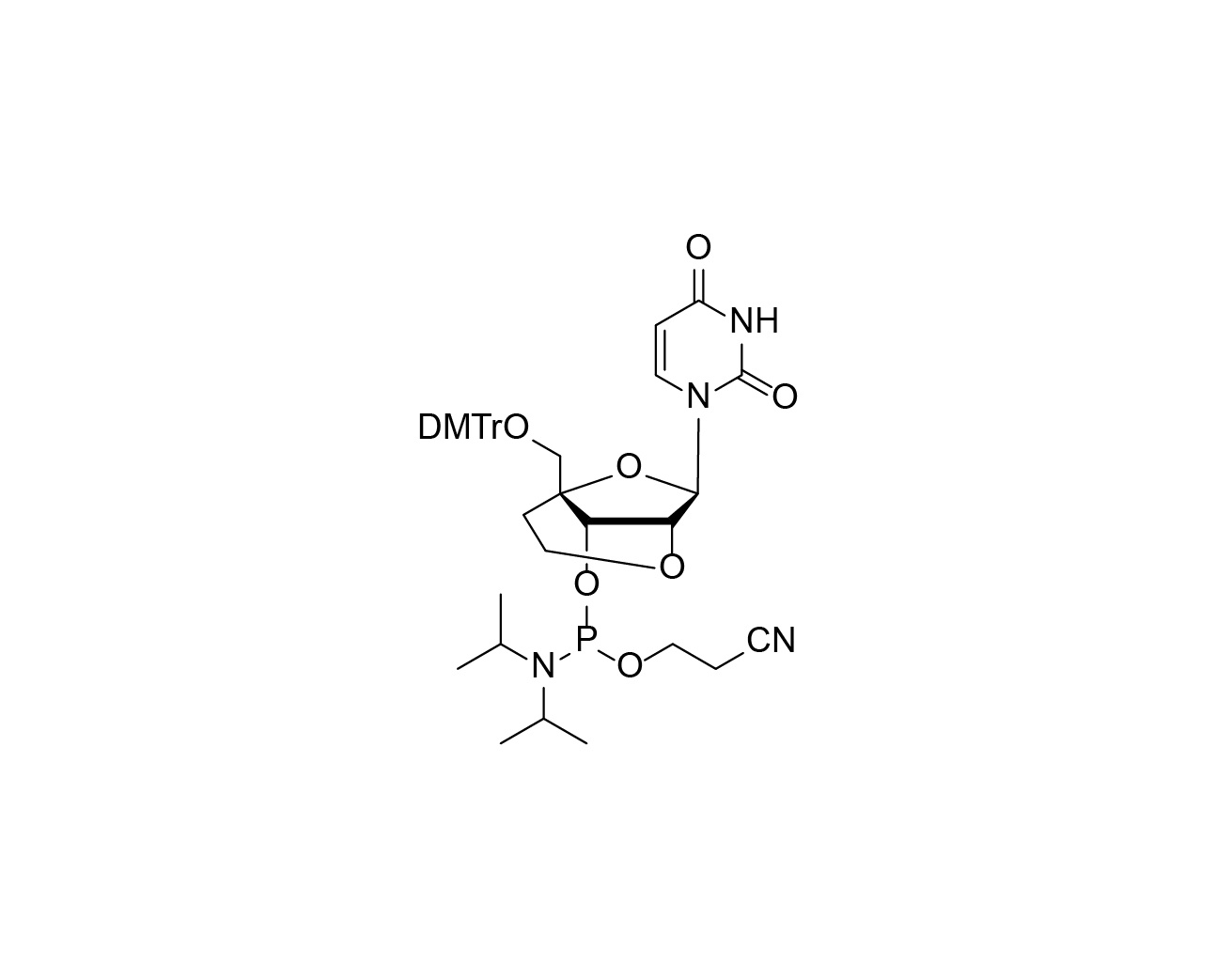 Chemical structure of DMTr-2'-O-4'-C-ethylene-rU-3'-CE-Phosphoramidite