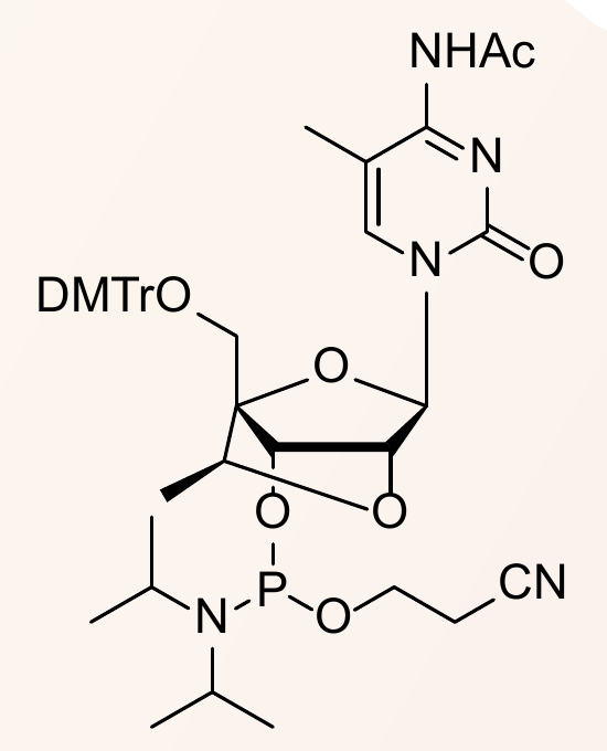 Chemical structure of DMTr-S-cEt-5-Me-rC(Ac)-3'-CE-Phosphoramidite