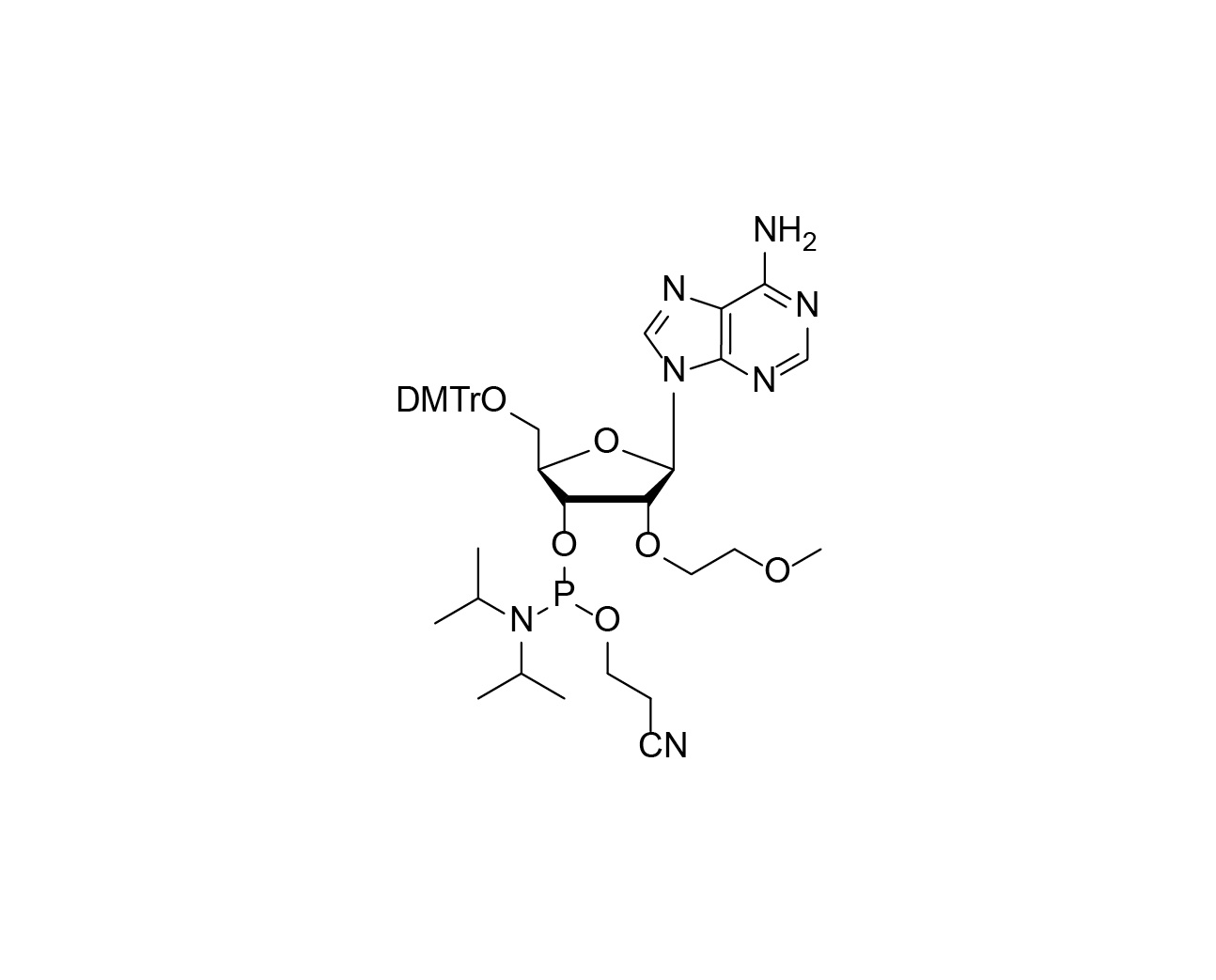 Chemical structure of DMTr-2'-O-MOE-rA-3'-CE-Phosphoramidite
