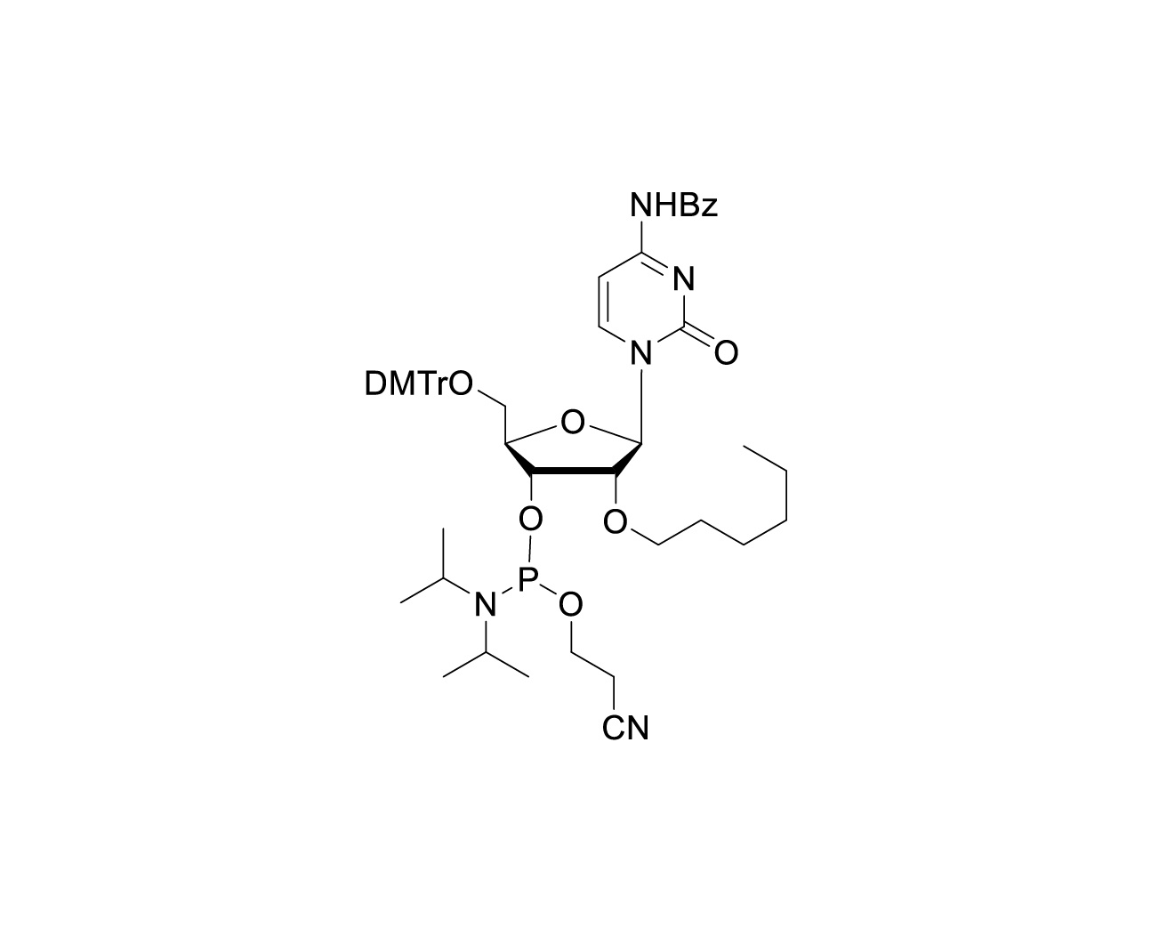Chemical structure of DMTr-2'-O-C6-rC(Bz)-3'-CE-Phosphoramidite