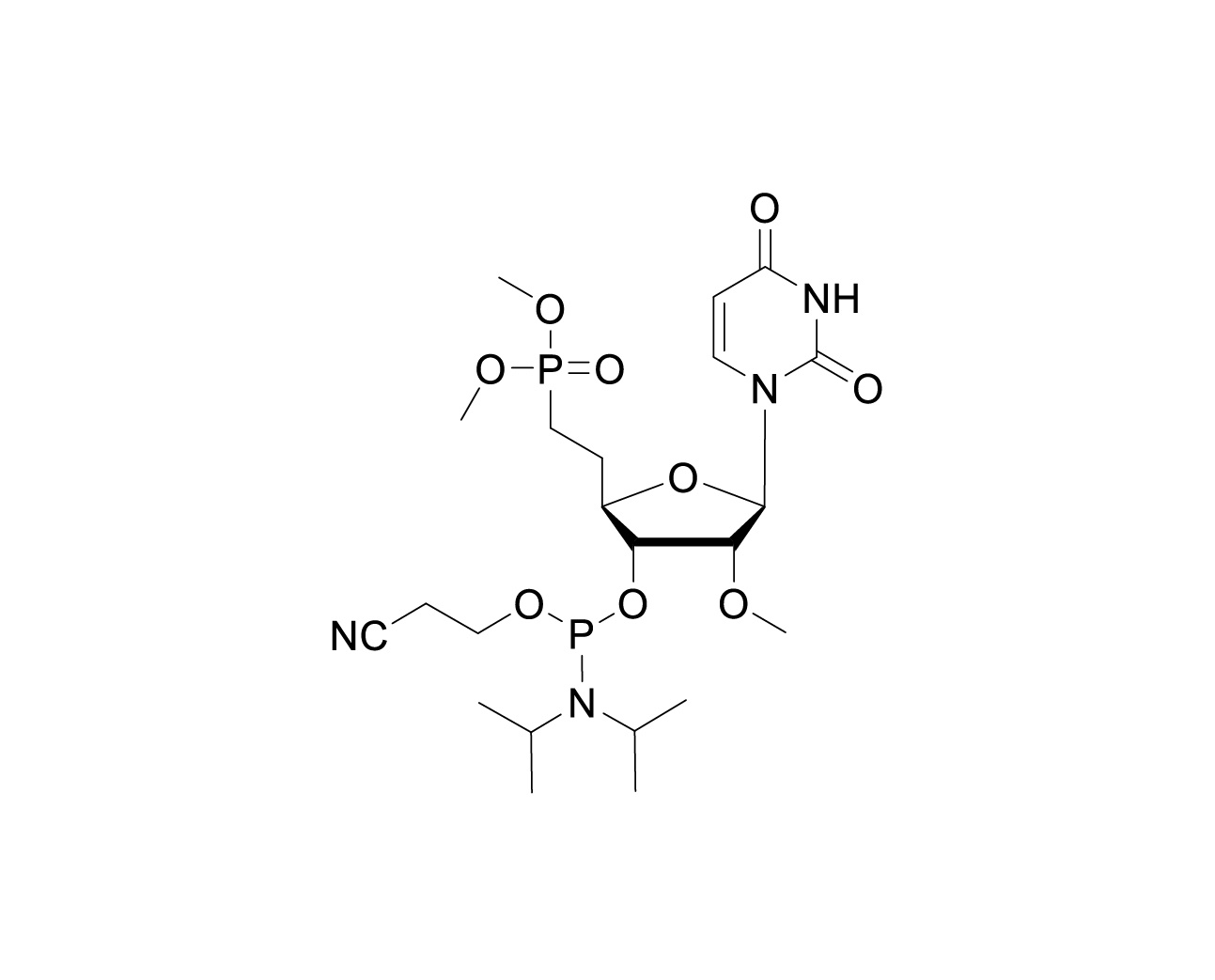 Chemical structure of 5'-CH₂-phosphate methyl ester-2'-O-Me-U-3'-CE-Phosphoramidite
