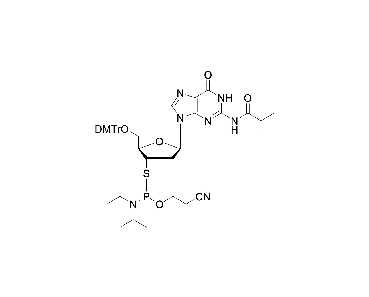 Chemical structure of DMTr-2'-dG(iBu)-3'-S-CE-Phosphoramidite