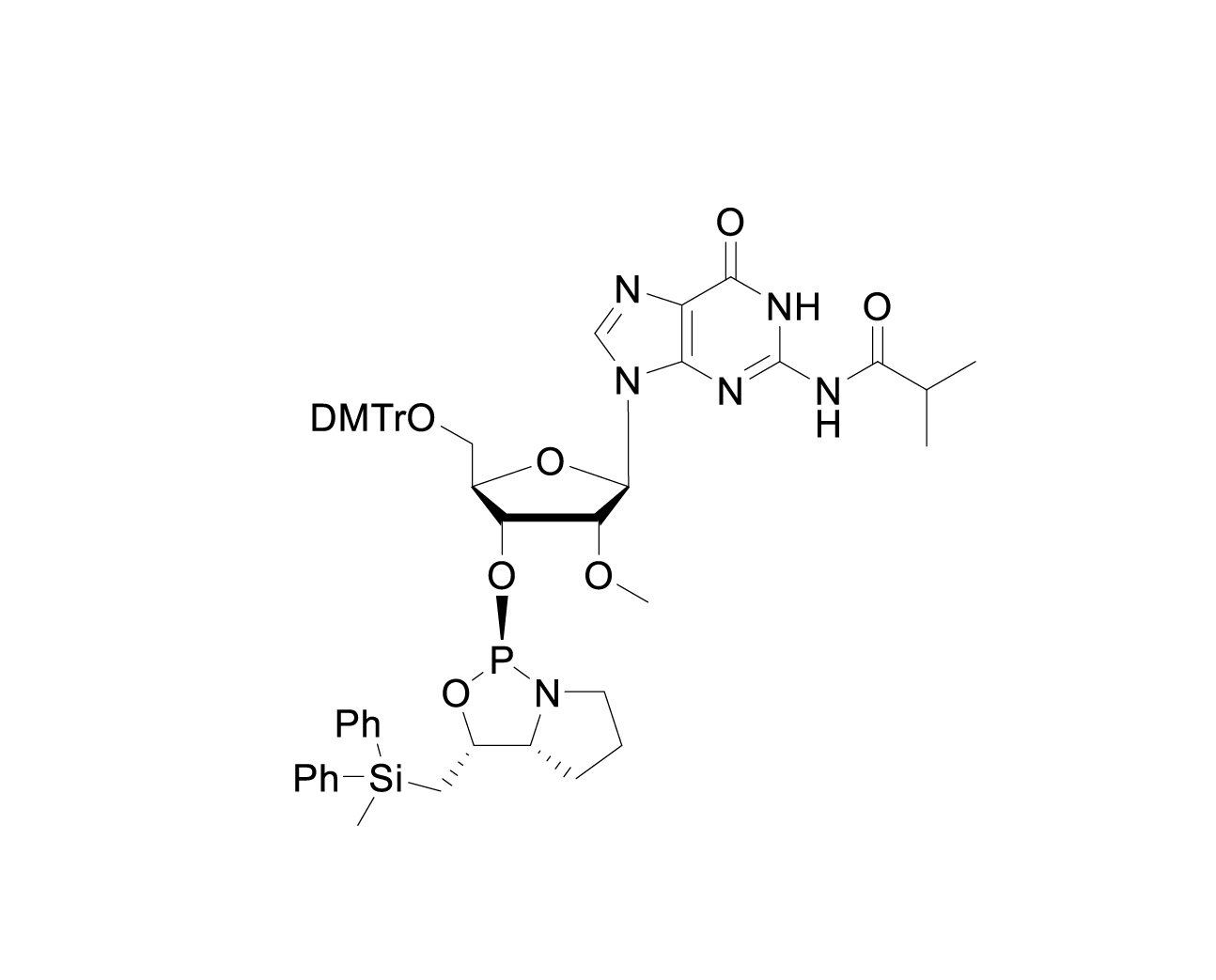 Chemical structure of DMTr-2'-O-Me-rG(iBu)-3'-(D)-DPSE-Phosphoramidite