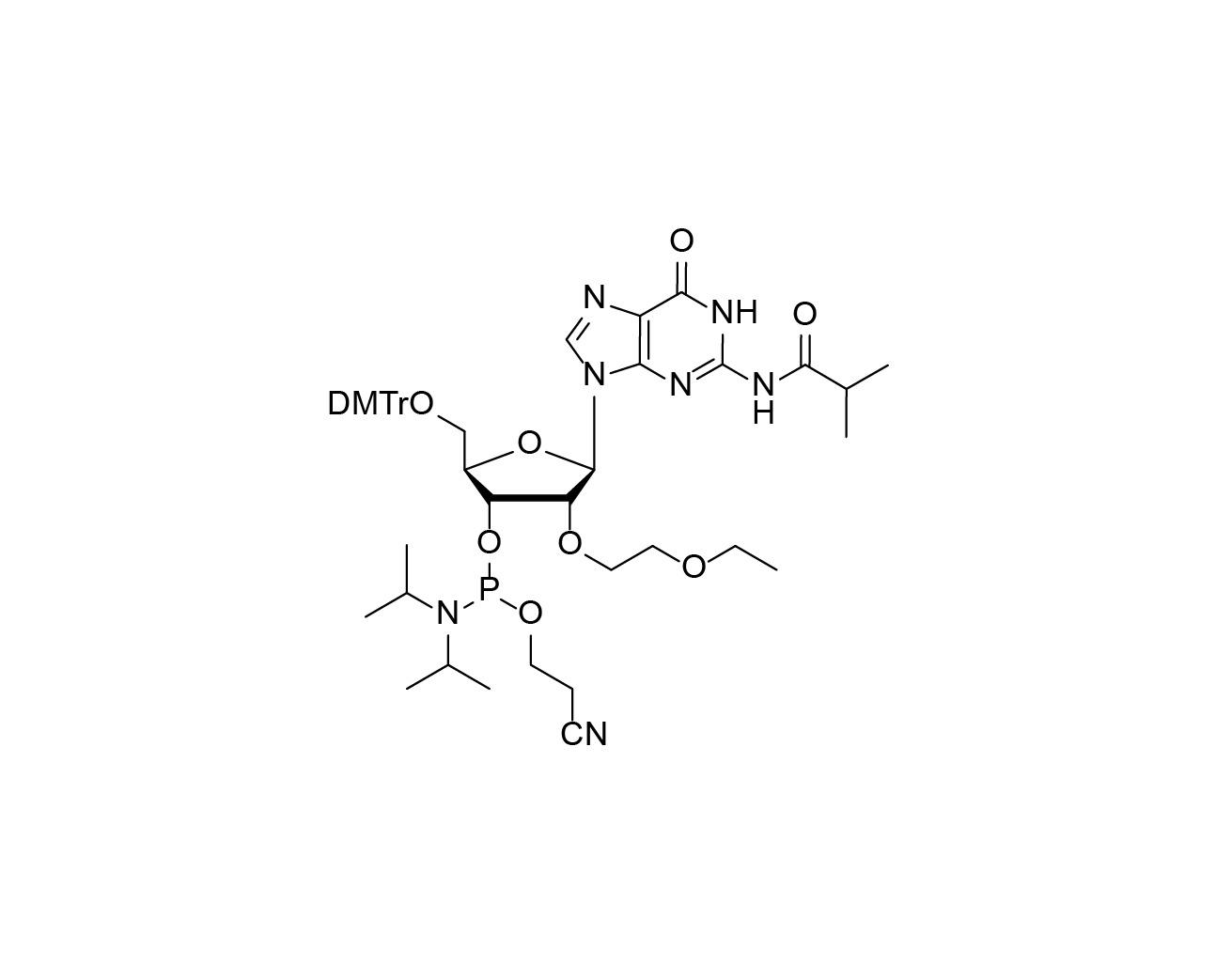 Chemical structure of DMTr-2'-O-EOE-rG(iBu)-3'-CE-Phosphoramidite