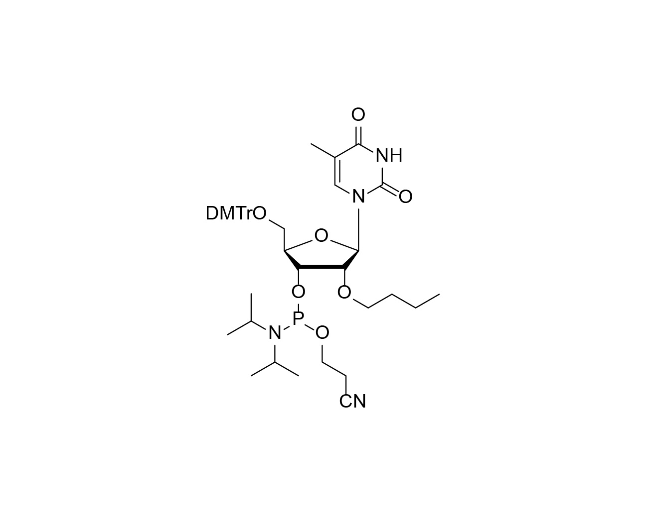 Chemical structure of DMTr-2'-O-Bu-rT-3'-CE-Phosphoramidite