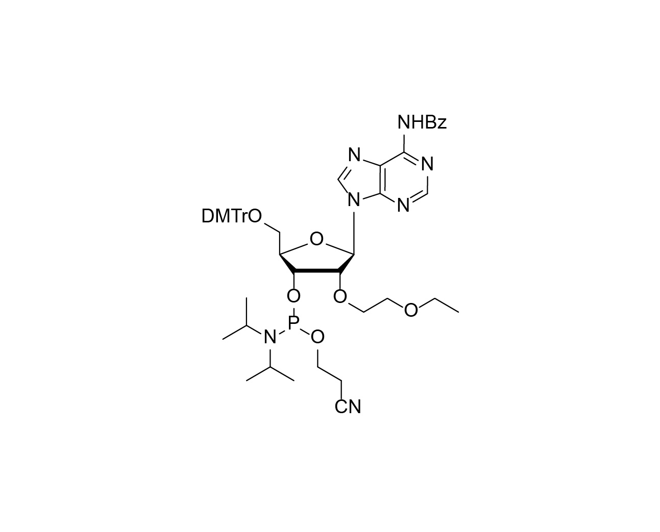 Chemical structure of DMTr-2'-O-EOE-rA(Bz)-3'-CE-Phosphoramidite