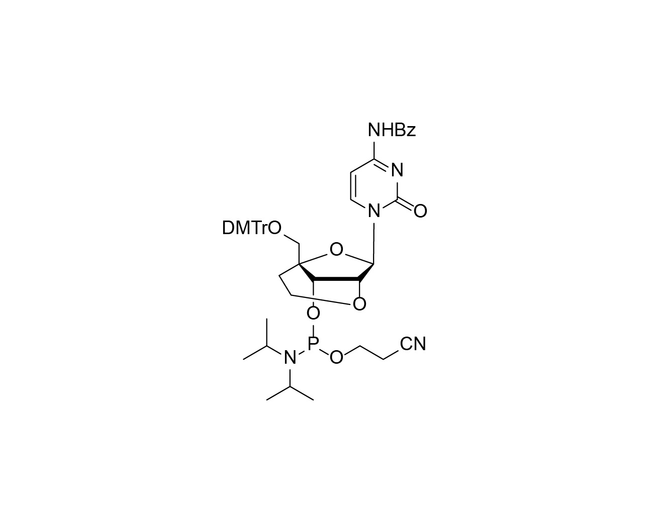 Chemical structure of DMTr-2'-O-4'-C-ethylene-rC(Bz)-3'-CE-Phosphoramidite