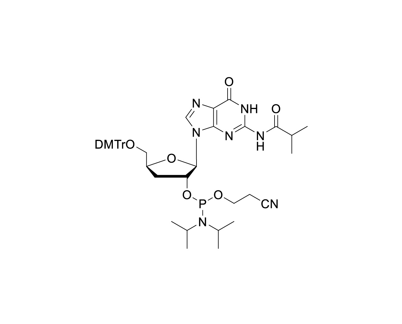 Chemical structure of DMTr-3'-dG(iBu)-2'-CE-Phosphoramidite