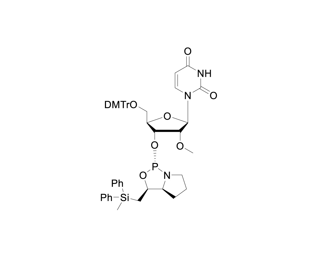 Chemical structure of DMTr-2'-O-Me-rU-3'-(L)-DPSE-Phosphoramidite