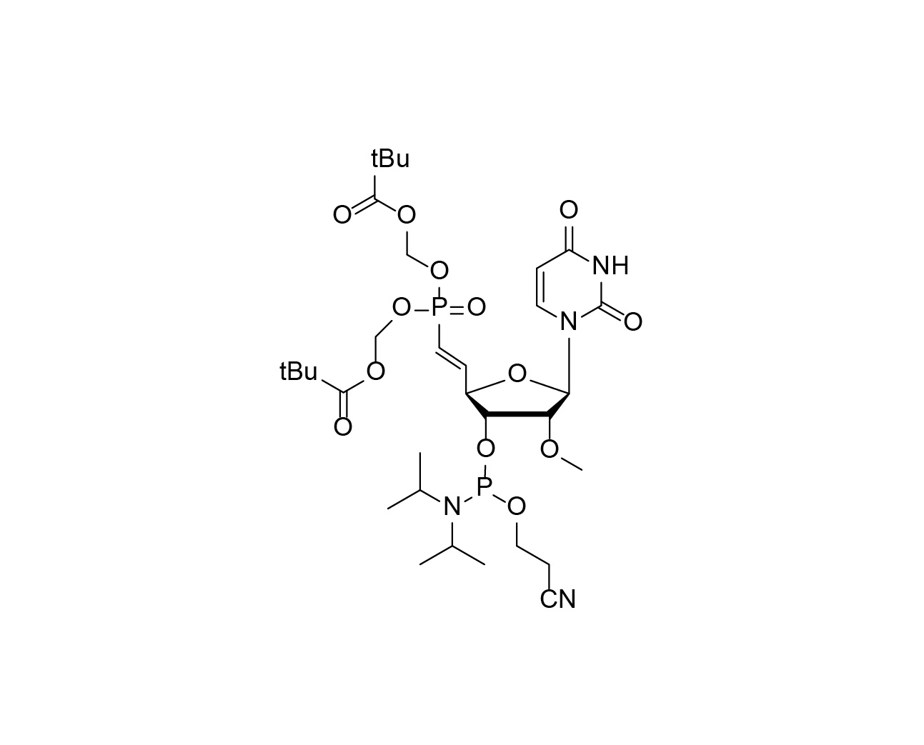 Chemical structure of 5'-POM-(E)-vinyl phosphonate-2'-O-Me-rU-3'-CE-Phosphoramidite