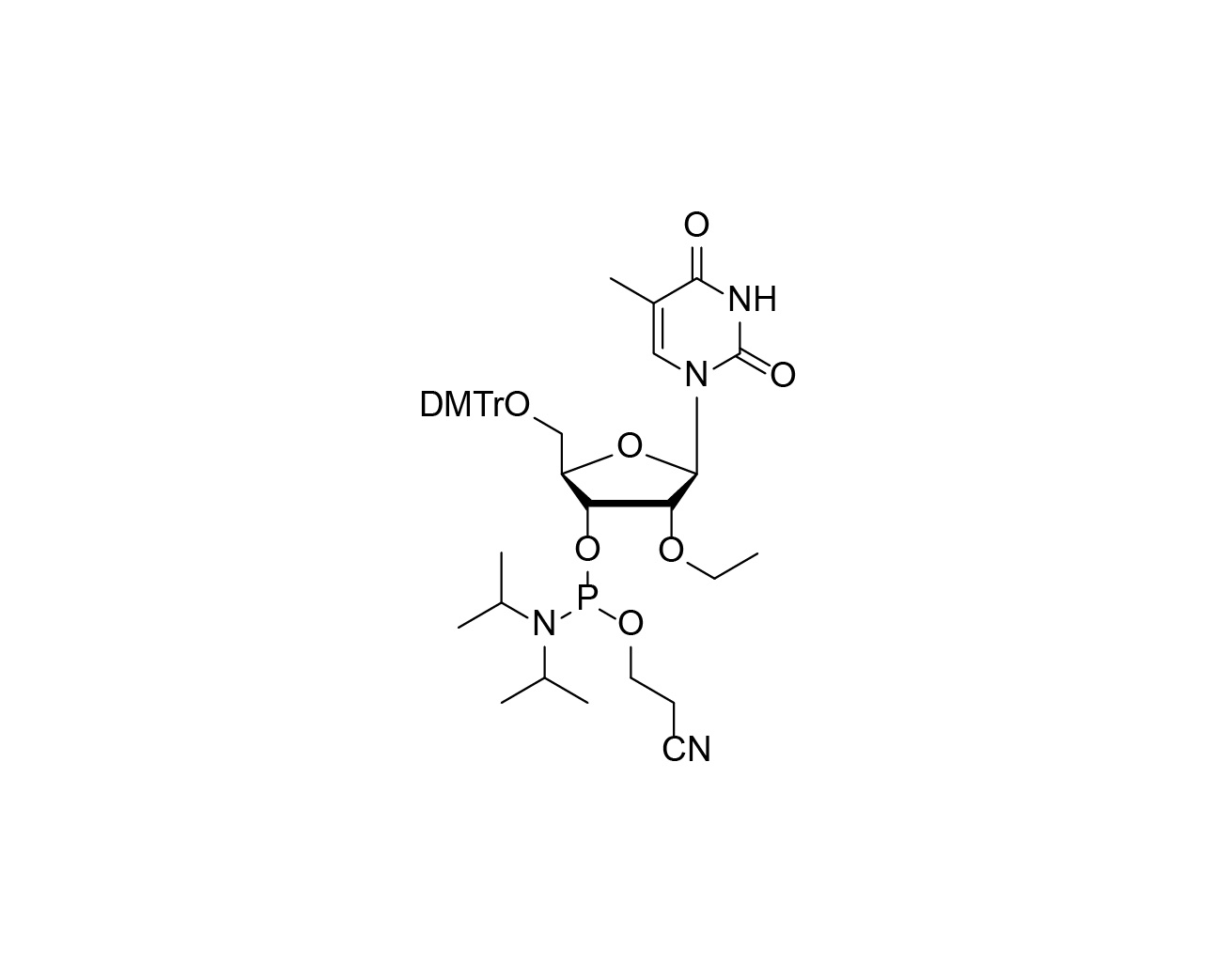 Chemical structure of DMTr-2'-O-Et-rT-3'-CE-Phosphoramidite