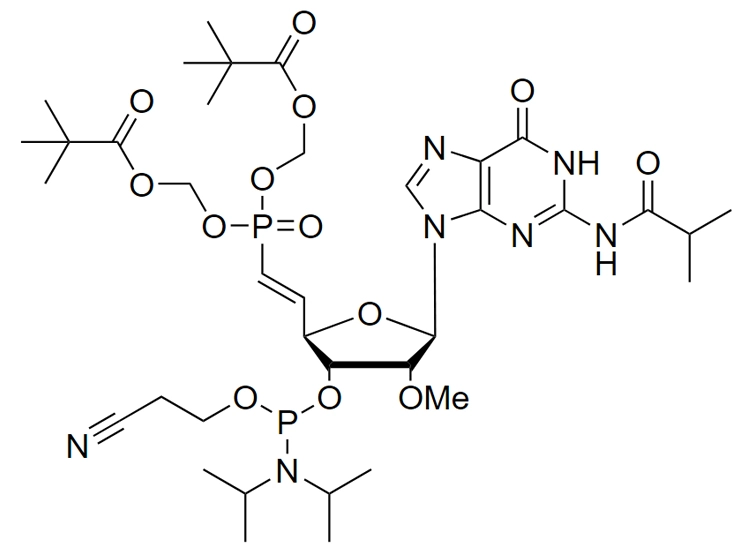 Chemical structure of 5'-POM-(E)-VP-2'-OMe-G(iBu)-3'-CE-Phosphoramidite