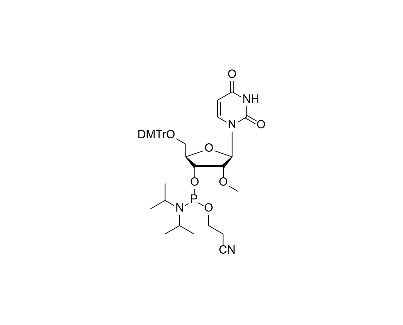 Chemical structure of DMTr-2'-O-Me-rU-3'-CE-Phosphoramidite