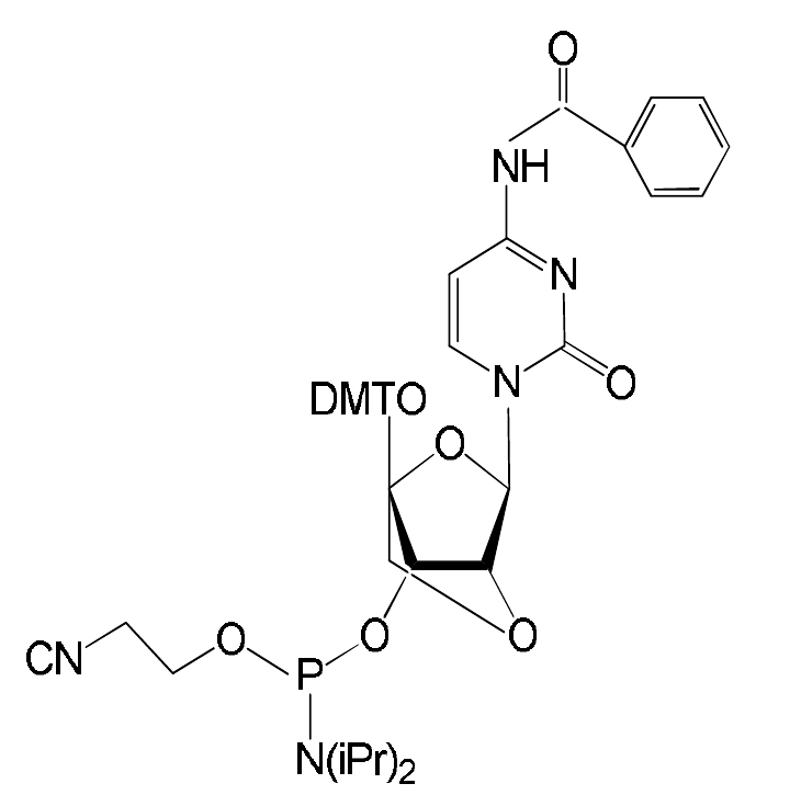 Chemical structure of DMTr-2'-O-4'-C-Locked-rC(Bz)-3'-CE-Phosphoramidite