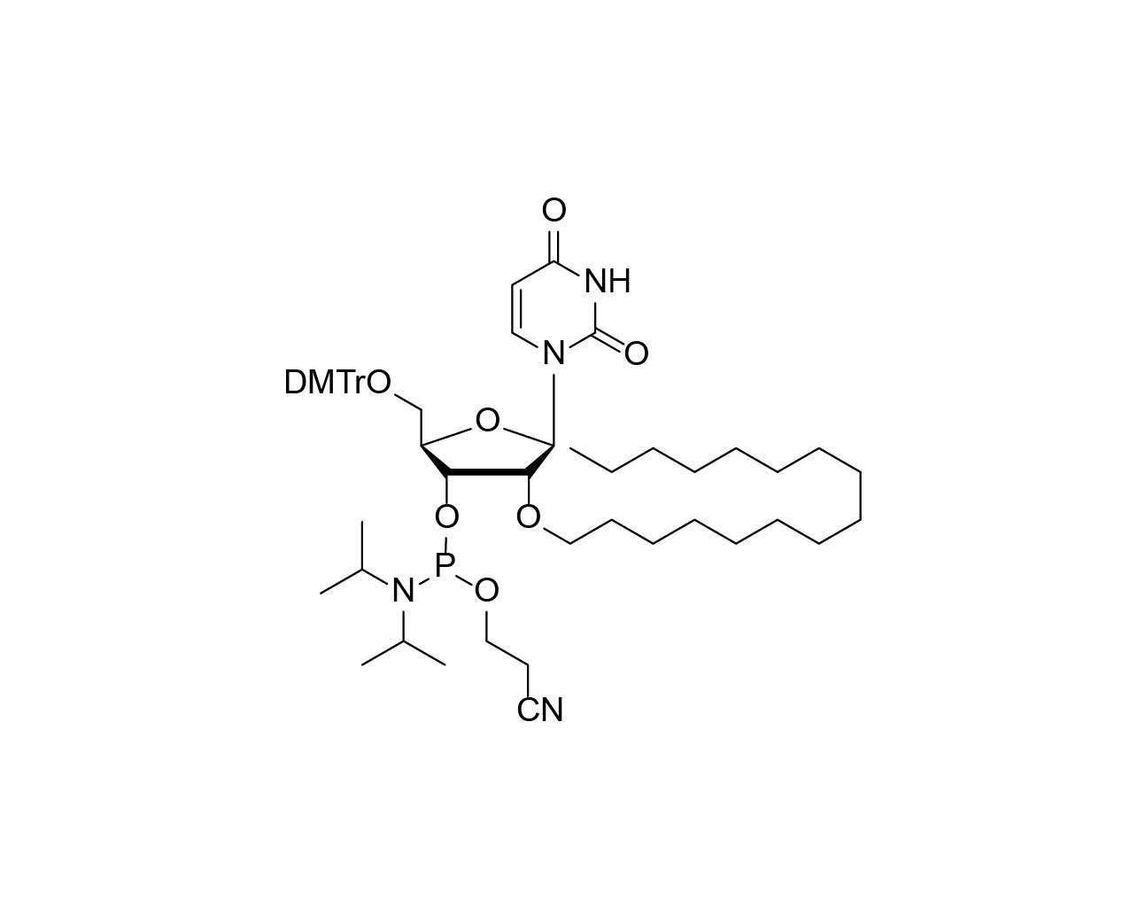 Chemical structure of DMTr-2'-O-C16-rU-3'-CE-Phosphoramidite