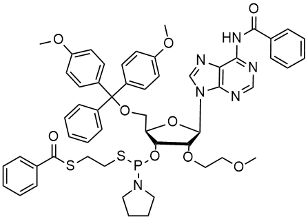 Chemical structure of N6-Benzoyl-5'-O-DMTr-2'-O-MOE-adenosine-3'-PS phosphoramidite