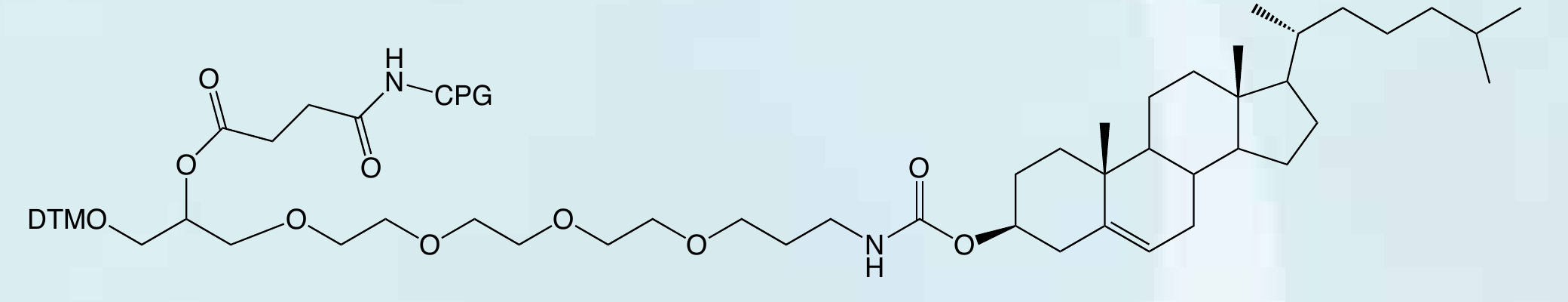 Support linkage schematic of 3'-Cholesteryl-TEG CPG; controlled-pore glass support is represented schematically