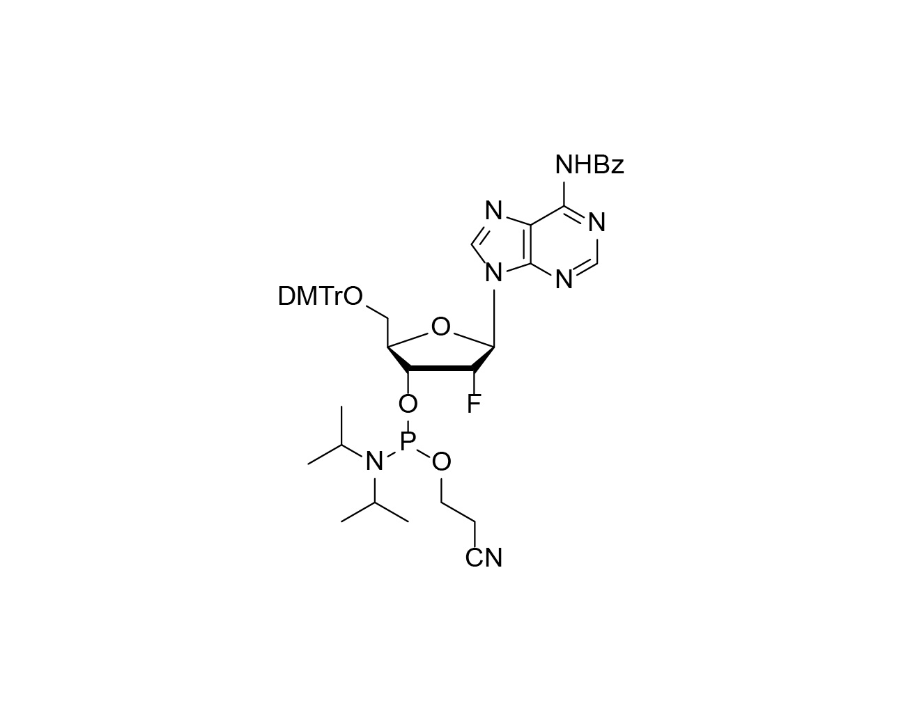 Chemical structure of DMTr-2'-F-dA(Bz)-3'-CE-Phosphoramidite