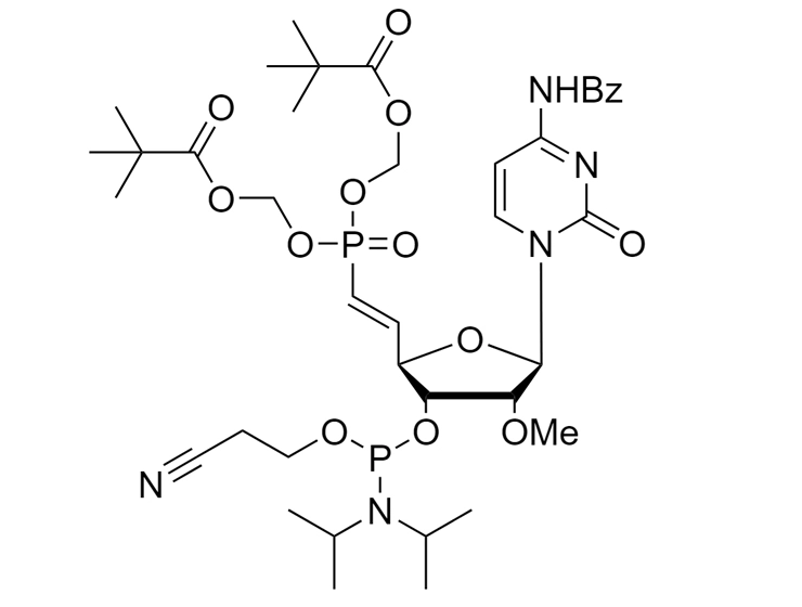 Chemical structure of 5'-POM-(E)-VP-2'-OMe-C(Bz)-3'-CE-Phosphoramidite