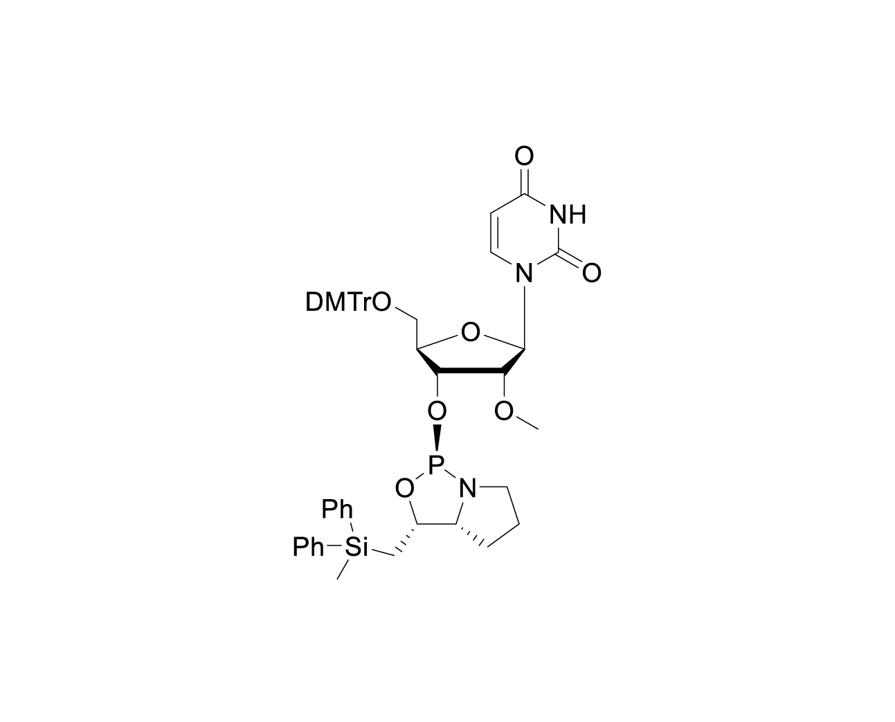 Chemical structure of DMTr-2'-O-Me-rU-3'-(D)-DPSE-Phosphoramidite