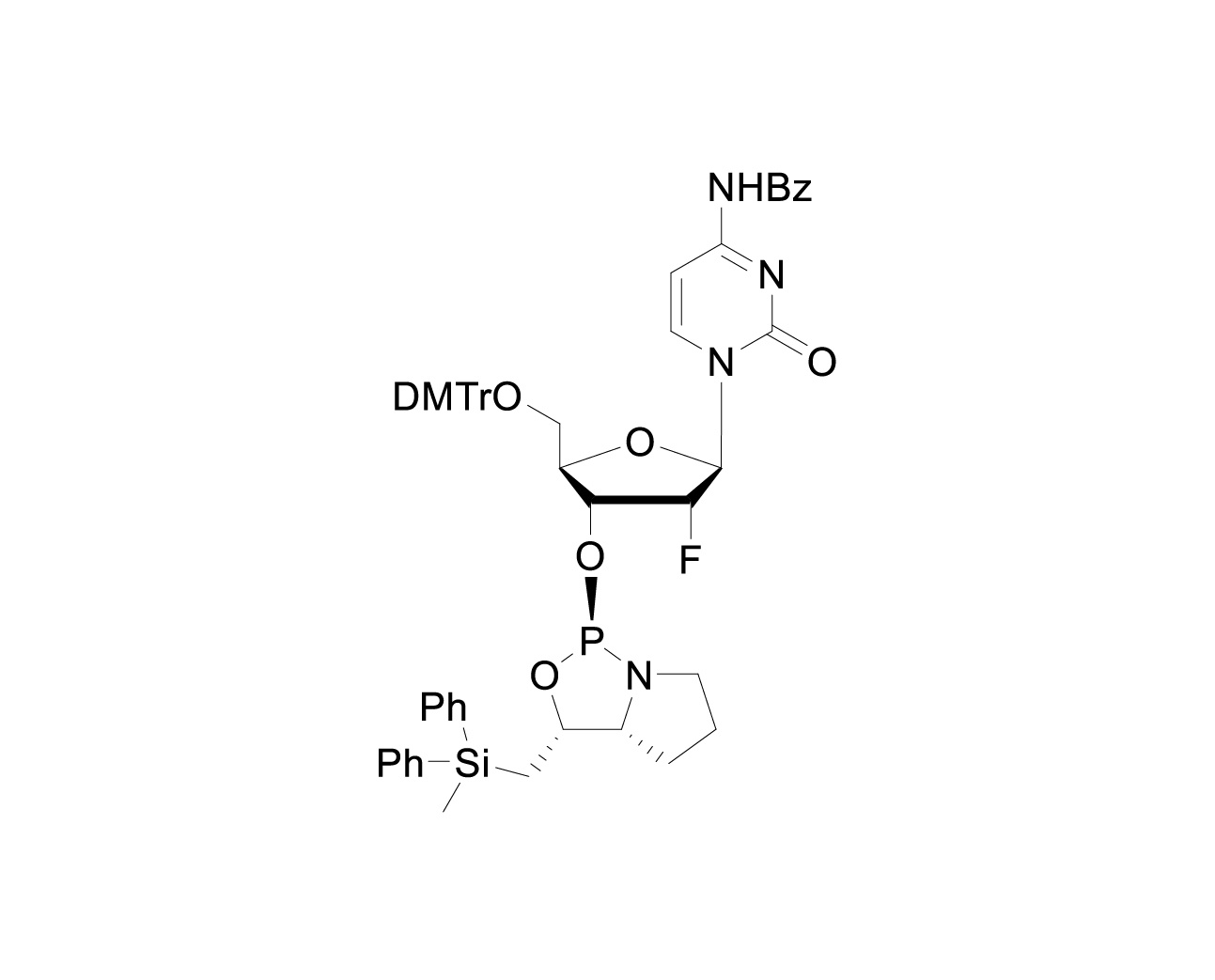 Chemical structure of DMTr-2'-F-dC(Bz)-3'-(D)-DPSE-Phosphoramidite