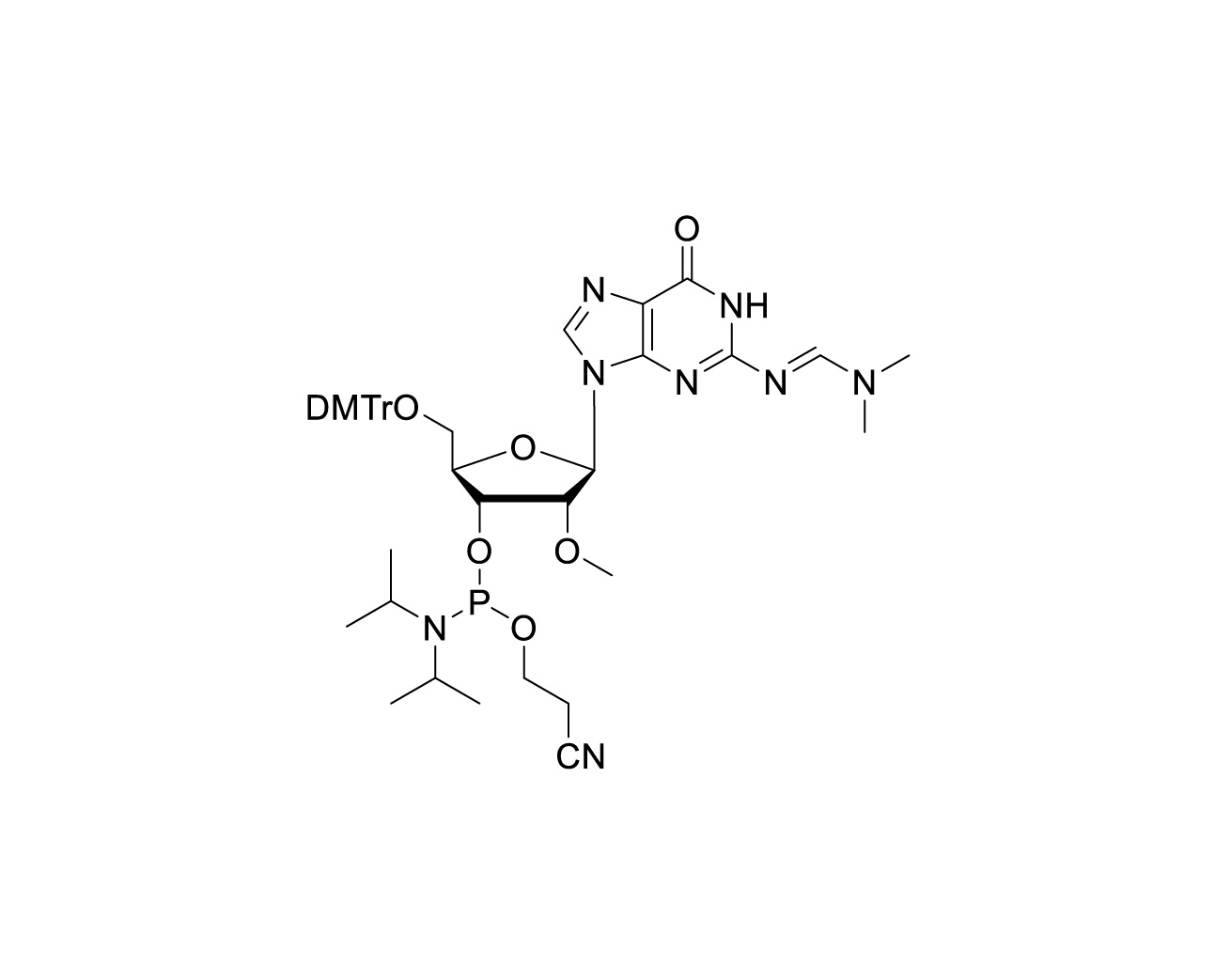 Chemical structure of DMTr-2'-O-Me-rG(dmf)-3'-CE-Phosphoramidite