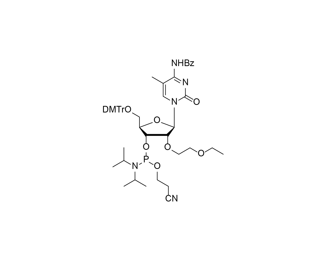 Chemical structure of DMTr-2'-O-EOE-5-Me-rC(Bz)-3'-CE-Phosphoramidite