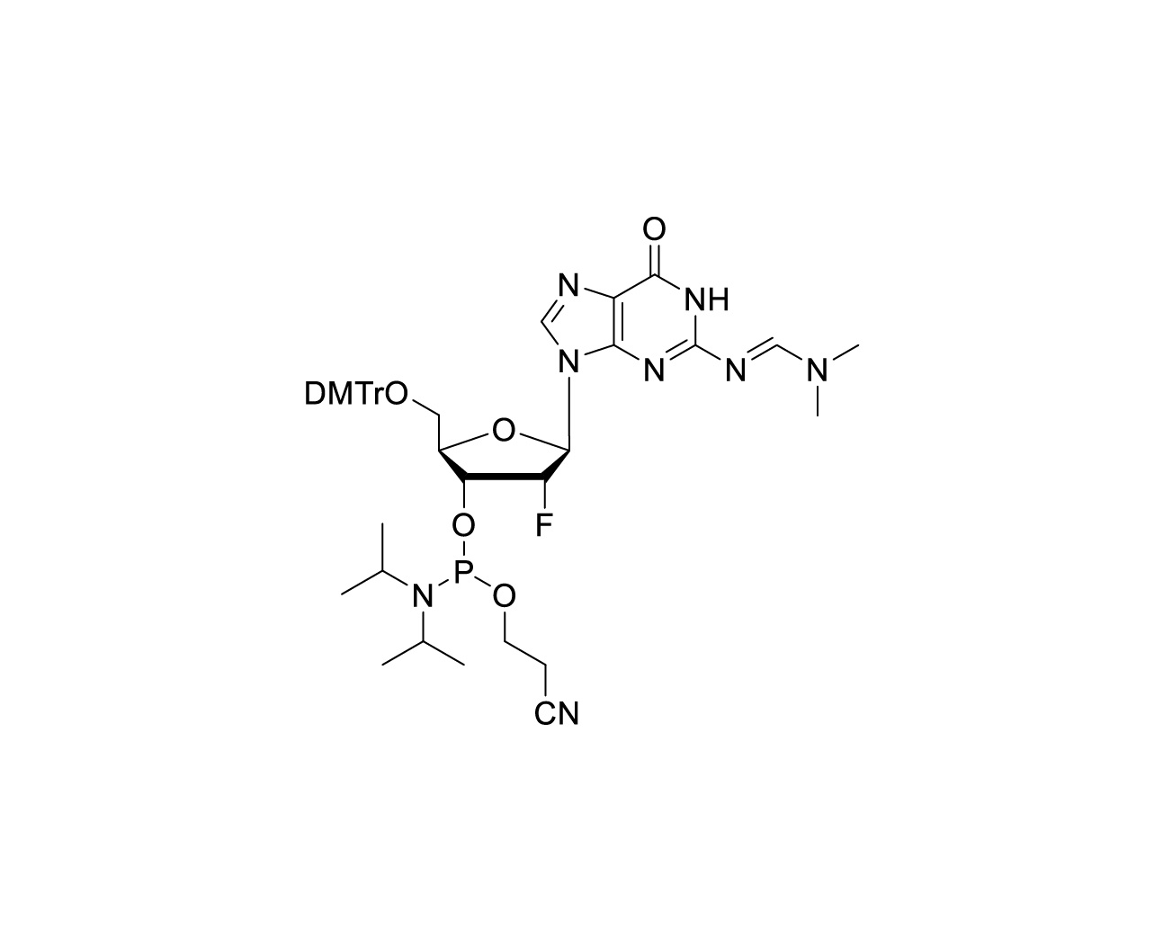 Chemical structure of DMTr-2'-F-dG(dmf)-3'-CE-Phosphoramidite