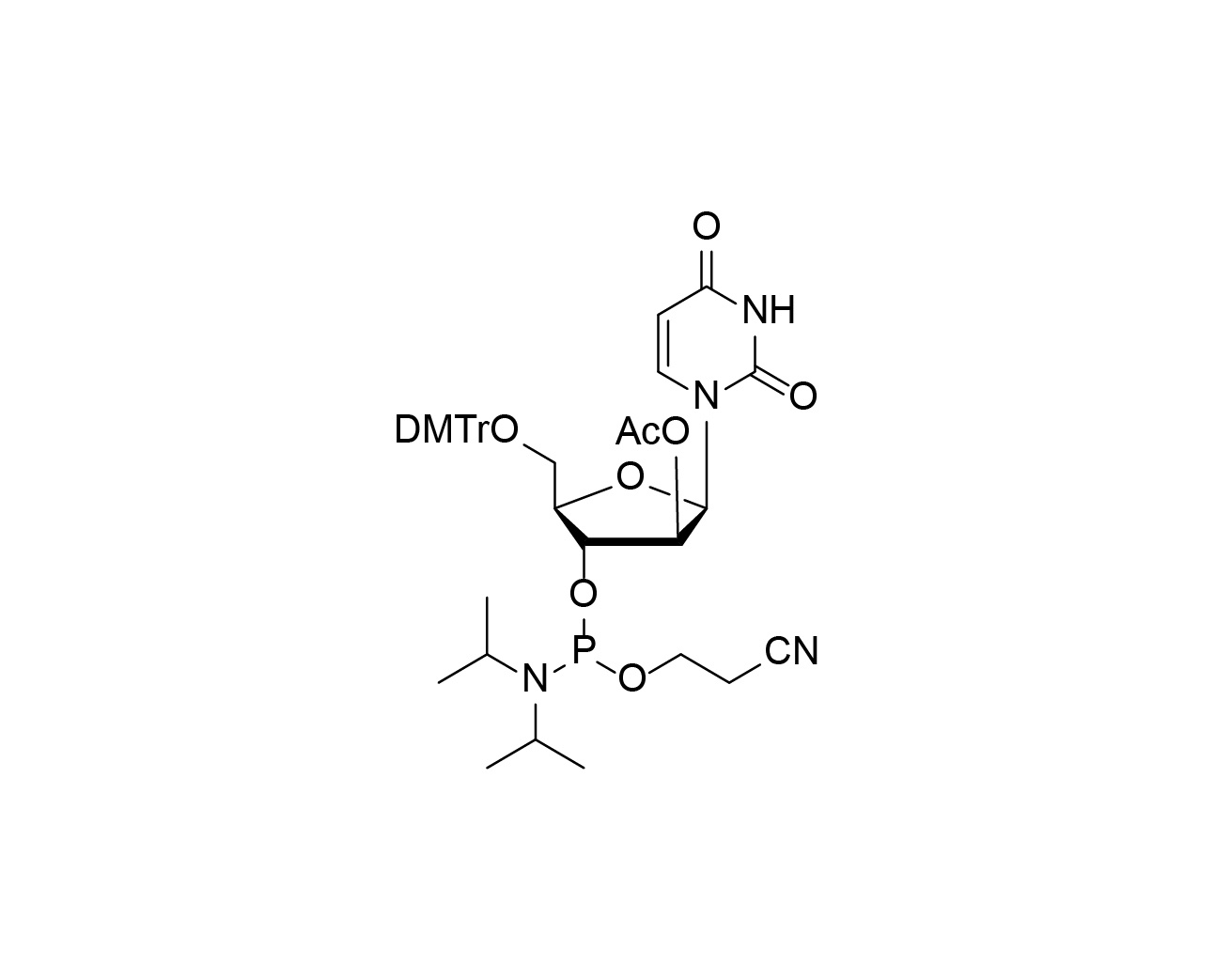 Chemical structure of DMTr-2'-ara-OAc-U-3'-CE-Phosphoramidite
