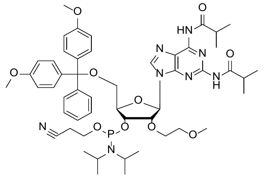 Chemical structure of N2,N6-Diisobutyryl-5'-O-DMTr-2'-O-MOE-2,6-diaminopurine riboside 3'-CE phosphoramidite