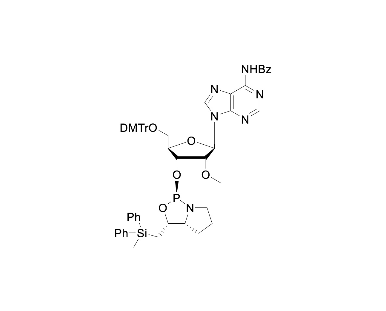 Chemical structure of DMTr-2'-O-Me-rA(Bz)-3'-(D)-DPSE-Phosphoramidite