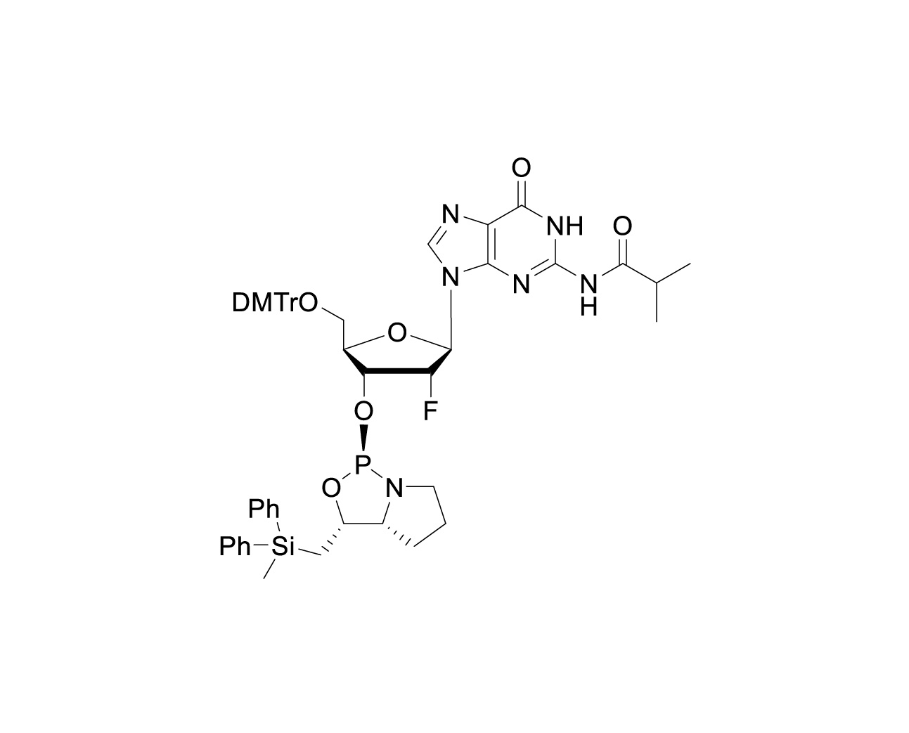 Chemical structure of DMTr-2'-F-dG(iBu)-3'-(D)-DPSE-Phosphoramidite